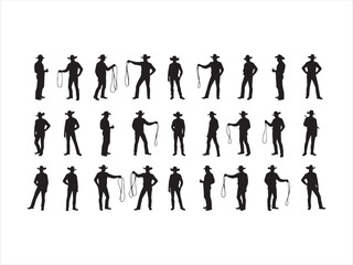 Silhouette cowboys posing with lariats western rodeo countryside style black and white
