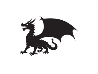 Silhouette illustration of a mythical dragon with wings and a fierce expression on white background