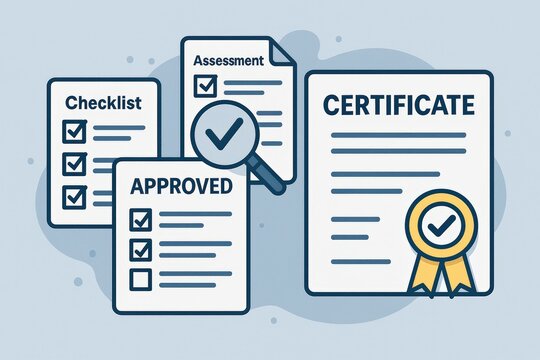 Illustration of Certification Documents with Checklist and Approval Stamps