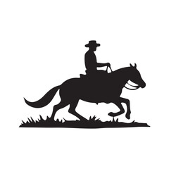 Silhouette of a cowboy riding a horse on a grass covered field vector illustration