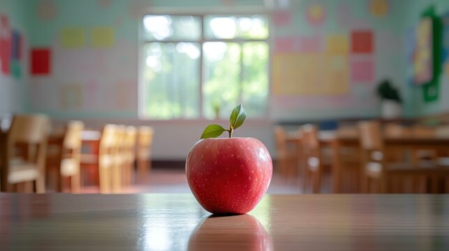 A Red Apple on a Classroom Desk: Symbol of Knowledge and Education - Powered by Adobe