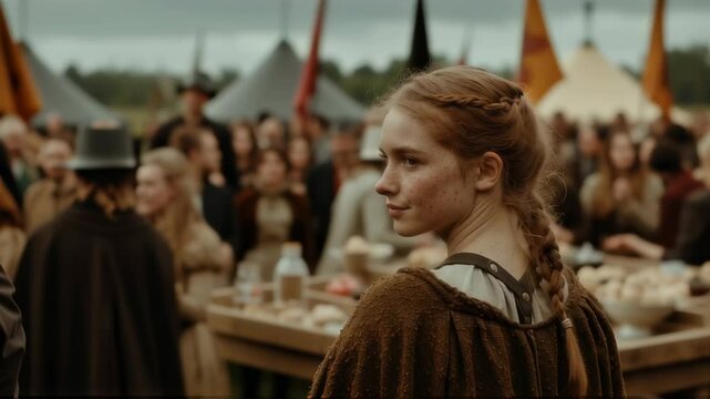 Medieval woman at crowded festival. Historical reenactment of ancient gathering with tents and flags. Viking or Celtic era costume drama scene with female character