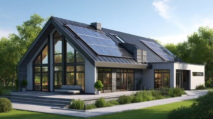 Naklejka premium Premium photo of modern house with solar panels on the roof, showcasing sustainable energy technology.