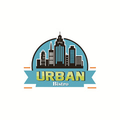 Obraz premium Modern urban bistro logo with minimalist city skyline, clean lines design, stylish restaurant branding, contemporary cafe emblem, sleek vector icon for food and beverage business identity.