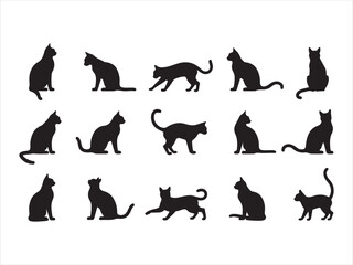 Silhouettes of domestic cats in various poses on a white background graphic vector design