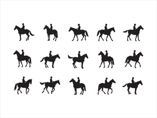 Fototapeta premium Silhouettes of equestrian riders on horses in various poses and activities isolated on white