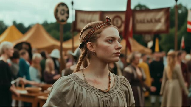 Medieval woman at historical reenactment festival. Caucasian girl in traditional peasant costume. Ancient village life portrayal. Historical fiction concept.