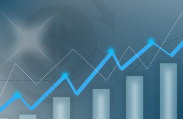 technology financial graph with uptrend line arrow and bar chart of stock market on blue color background