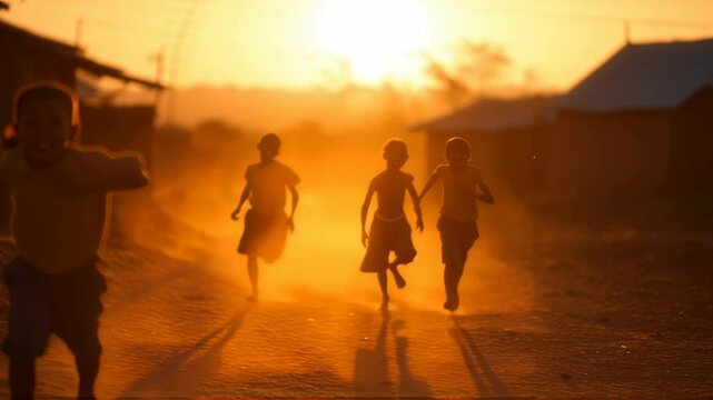 African children running at sunset in dusty village. Silhouettes of kids playing outdoors. Rural community life. Golden hour atmospheric scene for humanitarian aid concept