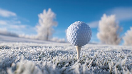 Premium photo of golf ball on a tee surrounded by pristine white snow and frosty scenery under a clear blue sky.