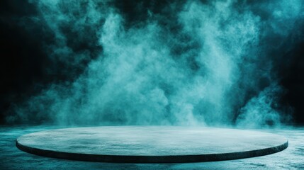An empty round stage enveloped in mysterious fog creates an ethereal vibe, suggesting anticipation and intrigue for an upcoming performance or revelation.