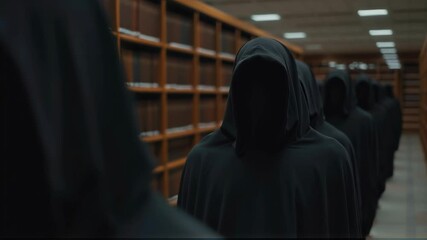 Mysterious hooded figures in dark corridor. Creepy silhouettes of anonymous people. Suspense and horror concept for thriller movie or book cover design. Eerie atmosphere.