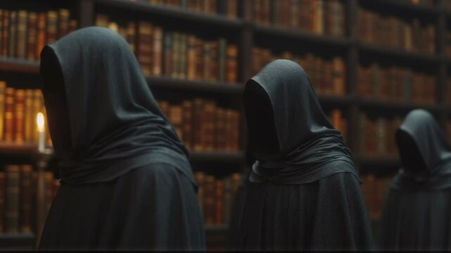 Mysterious hooded figures in ancient library. Dark cloaked silhouettes among bookshelves. Eerie atmospheric scene for horror movie, Halloween concept, or supernatural thriller.