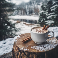 Warm beverage on a snowy log in a serene winter landscape with mountains and evergreen trees surrounding the scene