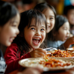 Joyful children enjoying a meal together in a lively dining atmosphere filled with laughter and fun moments