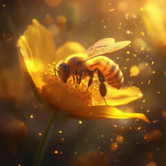 Beautiful bee collecting nectar from vibrant yellow flower in a sunlit garden during springtime