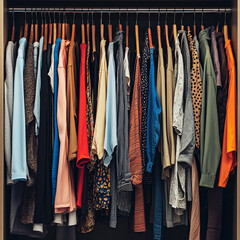Varied collection of stylish shirts and blouses hanging in a modern closet