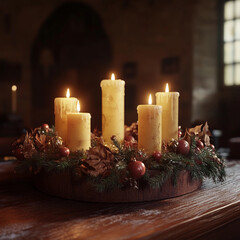 Festive candle arrangement on a wooden table surrounded by autumn leaves and ornaments in a cozy setting