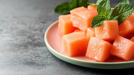 A vibrant plate of fresh cut melon cubes garnished with mint leaves, showcasing juicy and refreshing fruit perfect for summer or a healthy snack option.