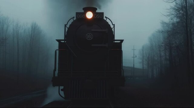 Vintage steam locomotive approaching on misty railroad tracks at dusk. Atmospheric scene with train emerging from fog. Moody transportation concept for travel or mystery design.