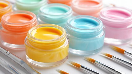 Bright gel polish colors in tiny open pots with spatulas and brush tips beside them