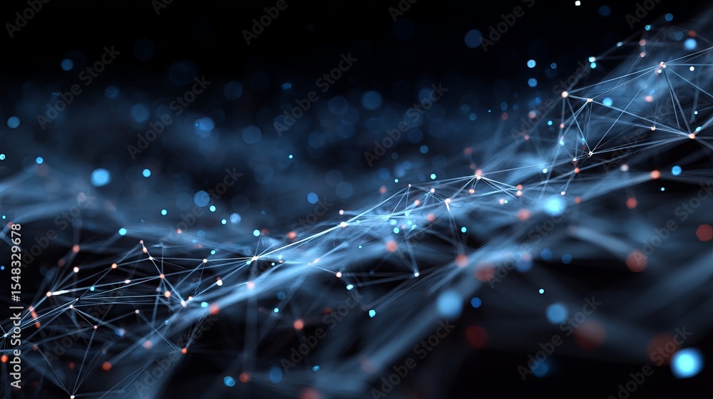 Poster abstract digital network connection blue orange glowing lines points nodes futuristic technology bac