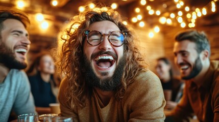 Obraz premium A vibrant scene of a group of friends laughing and enjoying each other's company, radiating joy and warmth, encapsulating the essence of friendship and togetherness in cozy settings.