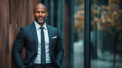 An assertive businessman in a tailored suit stands confidently against an urban backdrop, emanating professionalism, ambition, and modern style for business-related contexts.