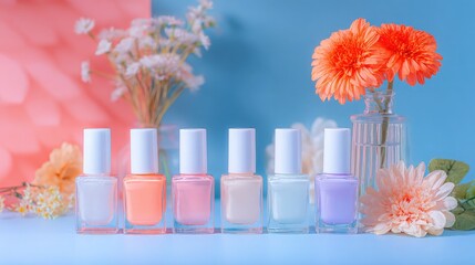Cute nail salon background with pastel gel polish lineup and floral decor