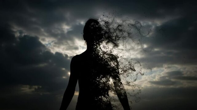 A woman's body disintegrates into smoke and particles against a dark sky, representing the dangers of smoking.