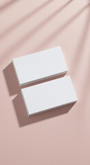 Mockup: White business cards on pink background with leaf shadows