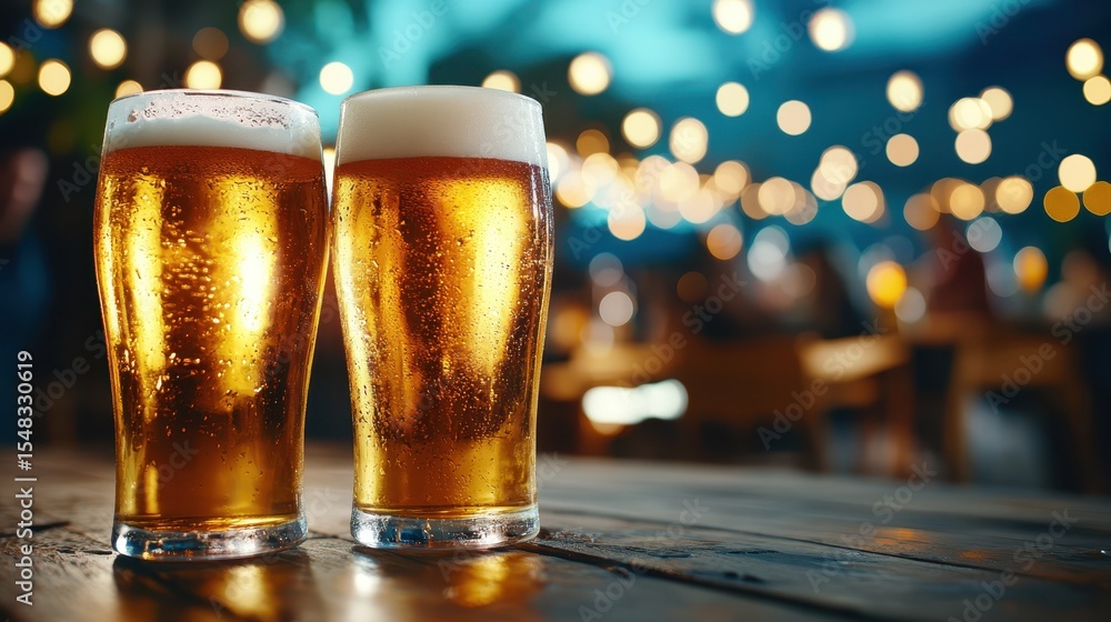 Poster two perfectly poured beers adorned with frothy tops, sitting on a rustic table surrounded by a hint 