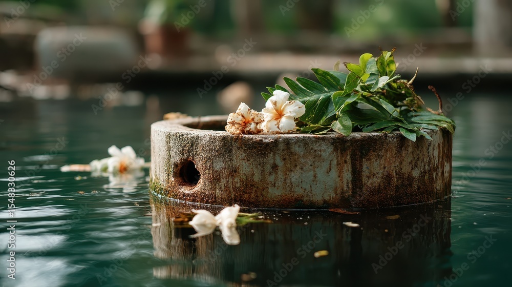 Poster a serene view of a round stone surrounded by flowers, partially submerged in calm water, creating a 