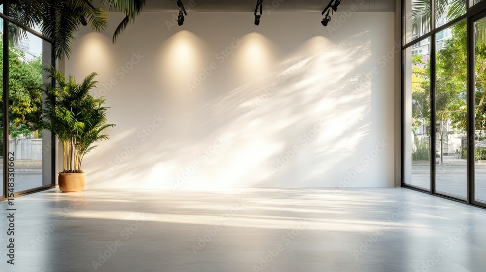 Poster a bright and airy empty gallery space, featuring large windows and beautiful lighting, ideal for dis
