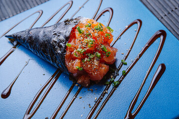 Assorted Japanese Cuisine – Shimeji, Temaki, Salmon, Hot Rolls, and More