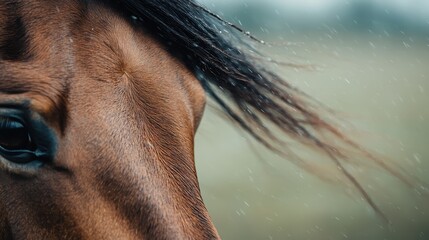 Naklejka premium A striking close-up of a horse's mane is captured with droplets of rain elegantly falling, highlighting the natural beauty and grace of the animal amidst a serene backdrop.