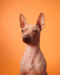 A calm American Hairless Terrier dog sitting against an orange background, displaying a serene and...