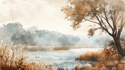 Hyper realistic 3d render Misty River Landscape: Serene Watercolor Painting AI Generative