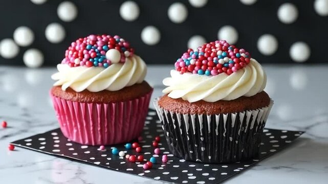Two red velvet cupcakes with white frosting and colorful sprinkles