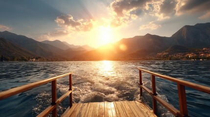 Scenic view of a sunset over a mountain lake with a wooden dock in the foreground