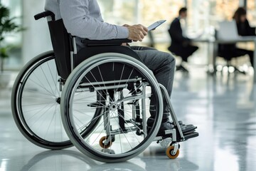 Obraz premium Businessman in wheelchair collaborates with colleagues in modern office setting