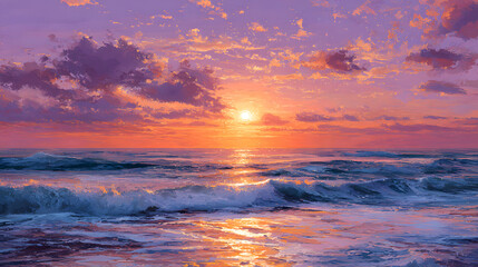Fototapeta premium Stunning ocean sunset painting capturing radiant colors of sun and clouds with serene waves