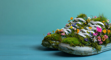 Creative concept of eco-fashion: sneakers overgrown with flowers, moss, and grass. A visual metaphor of sustainability, nature-friendly design, and environmental awareness. Perfect for green branding 