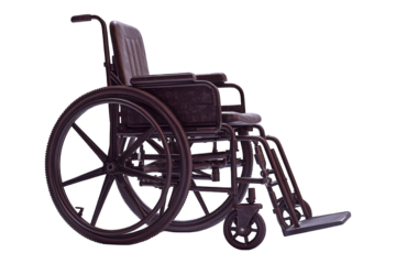 Isolated wheelchair, side view. Dark. Dull. Aged. Metal