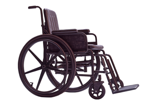 Isolated wheelchair, side view. Dark. Dull. Aged. Metal