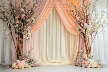 Elegant backdrop with soft pastel fabrics and floral arrangements