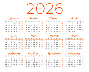 French calendar for 2026, week starts on Monday