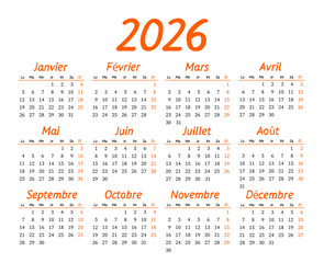 French calendar for 2026, week starts on Monday