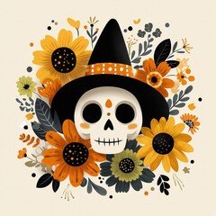 Whimsical Halloween character cute skull wearing witch hat surrounded by vibrant flowers