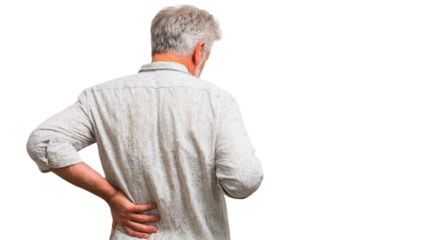 An old man holds his back with one hand isolated on transparent or white background, png